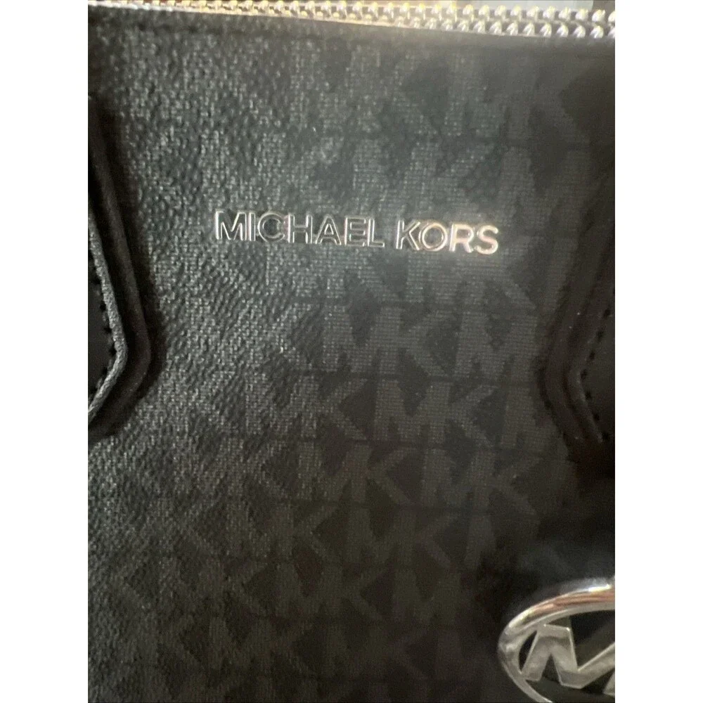 Michael Kors Mercer Medium Logo Zip Tote Black Signature MK Satchel Purse